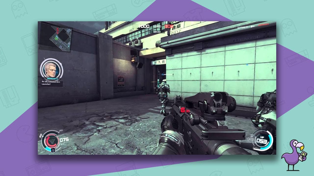 Ghost in the Shell: Stand Alone Complex, with a player holding a gun sneaking up on another enemy