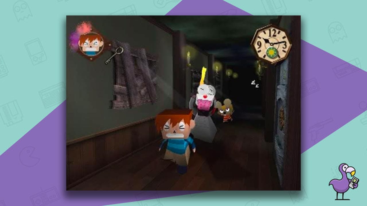Gregory Horror Show gameplay, with an enemy chasing a boy in a striped blue jumper. A brown mouse is walking behind them both.