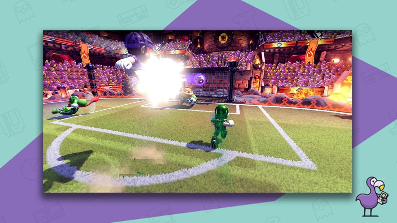 Best  Multiplayer Tips In Mario Strikers Battle League - Mario shooting into the goal