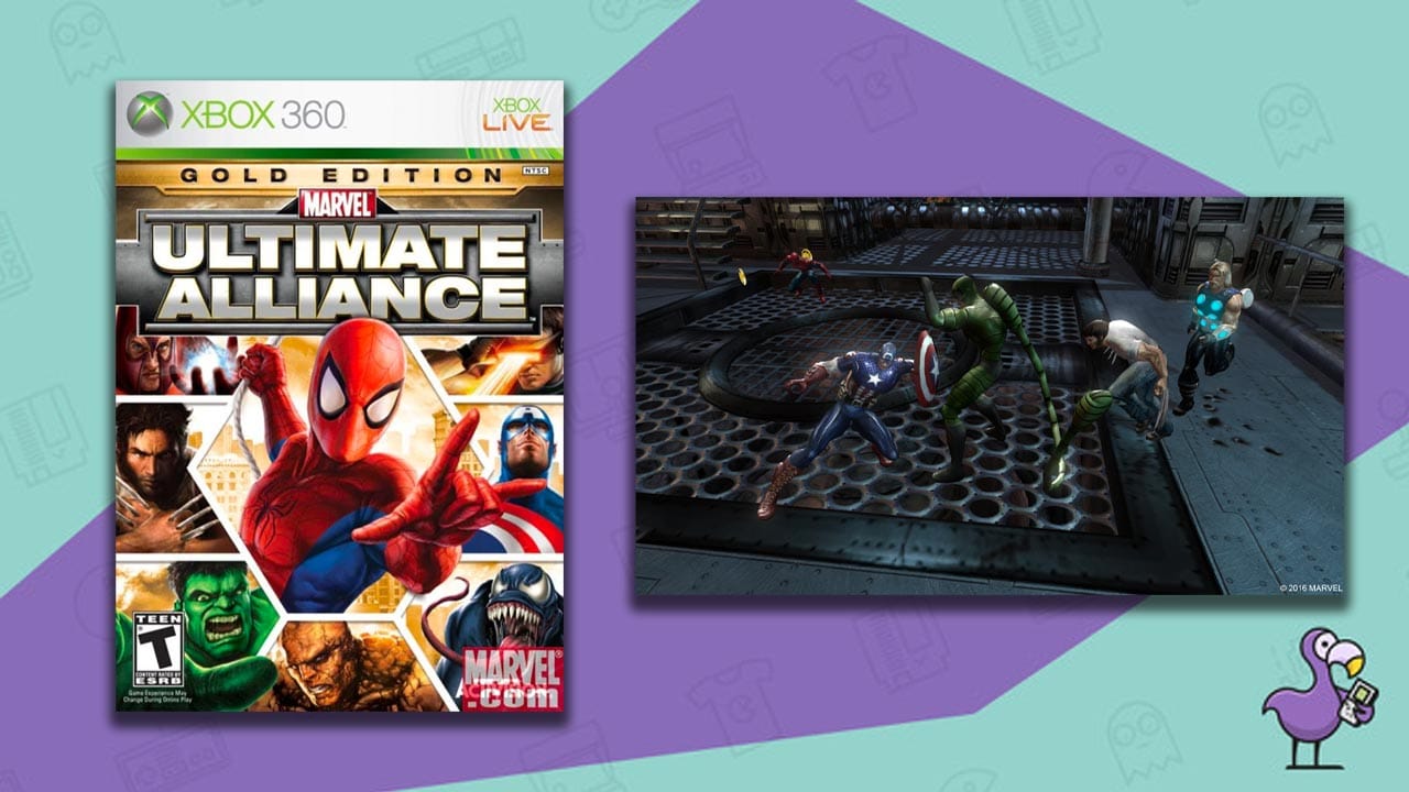 (Left) Xbox 360 game box for Marvel Ultimate Alliance Gold (right) gameplay showing assembled Marvel characters battling
