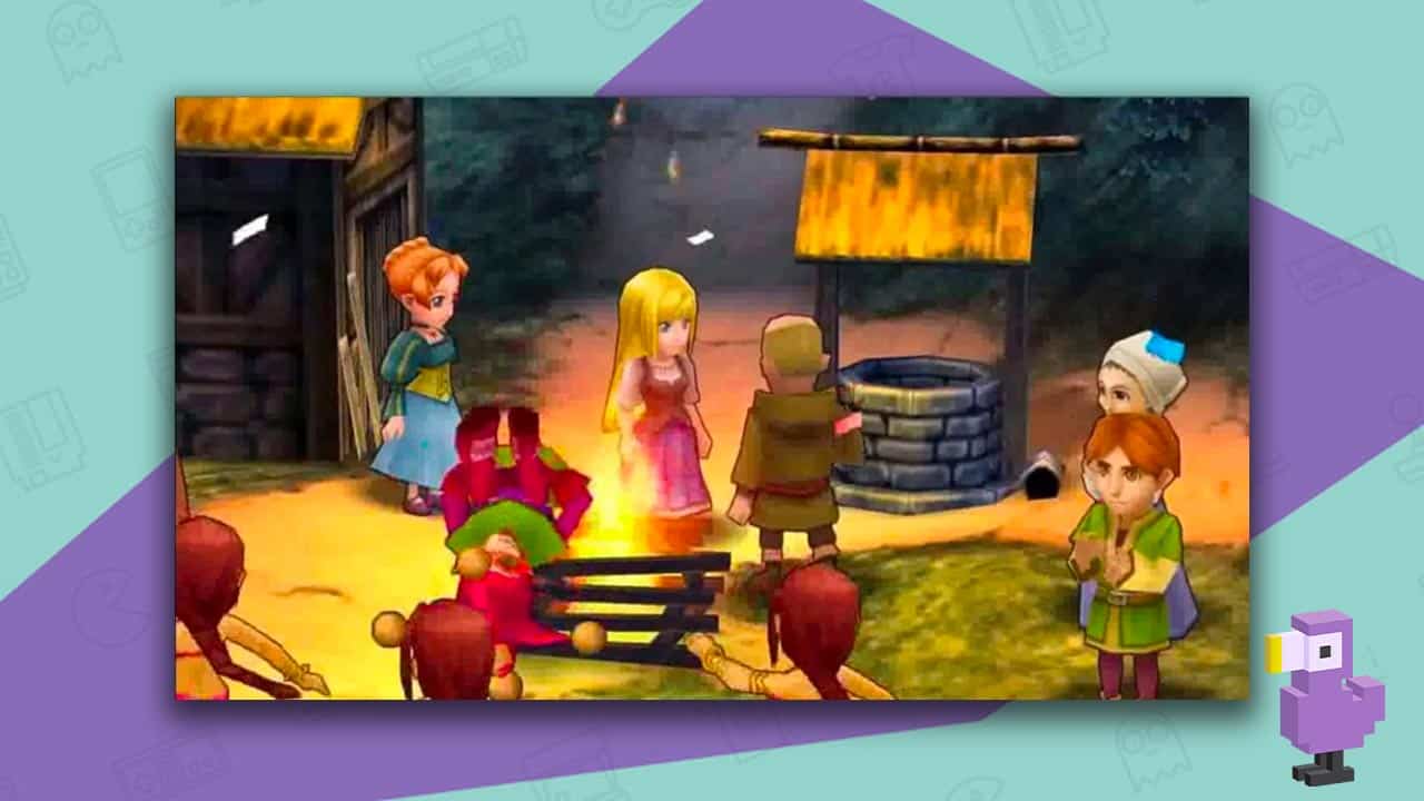 Jeanne d'Arc Gameplay PSP, with characters standing by a well and a fire