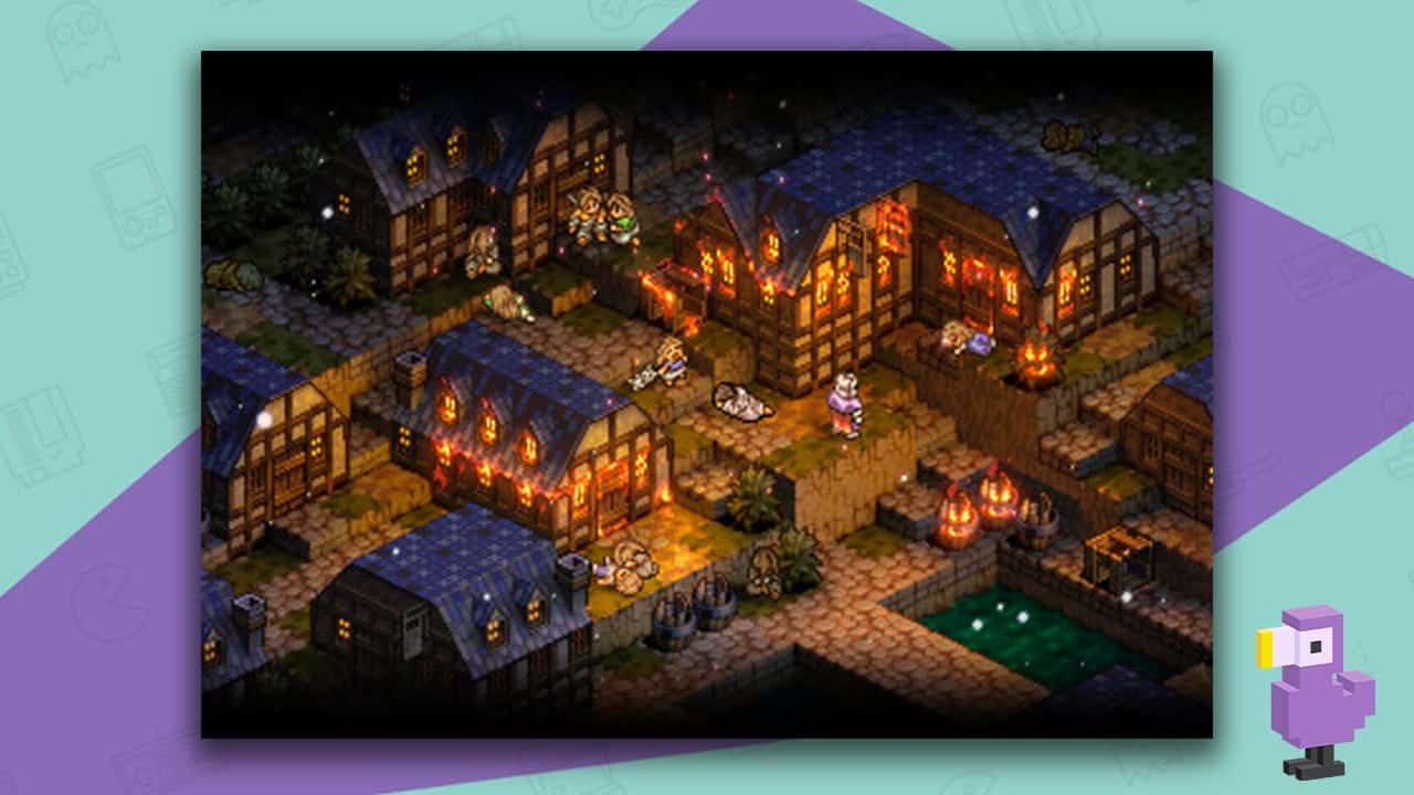 Tactics Ogre: Let Us Cling Together gameplay - burning buildings with characters lying on the street outside