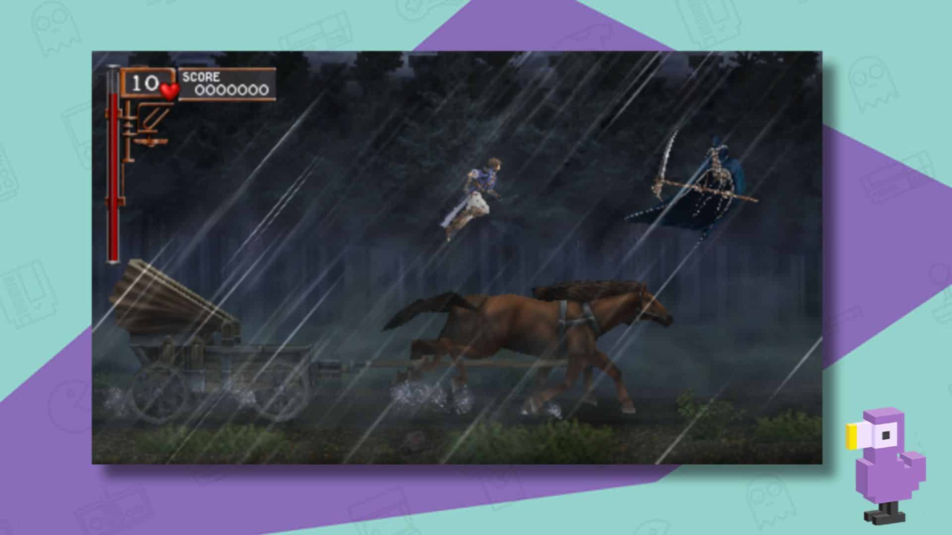 CASTLEVANIA THE DRACULA X CHRONICLES SCREENSHOT OF BELMONT JUMPING ON A HORSE