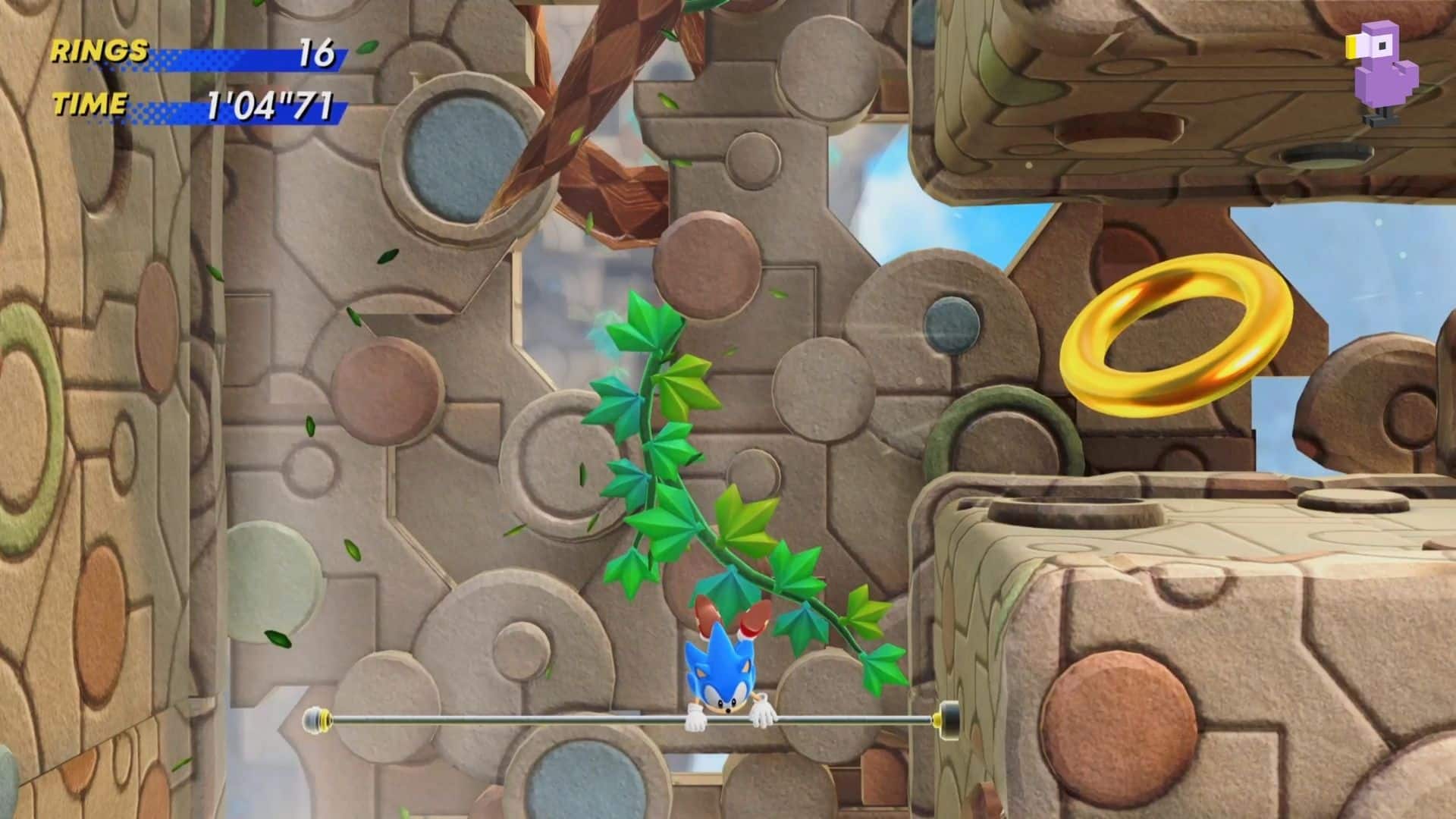 SONIC HANGING ON TO A POLE AS HE'S BLOWN UPWARDS BY A GUST OF WIND IN SONIC SUPERSTARS