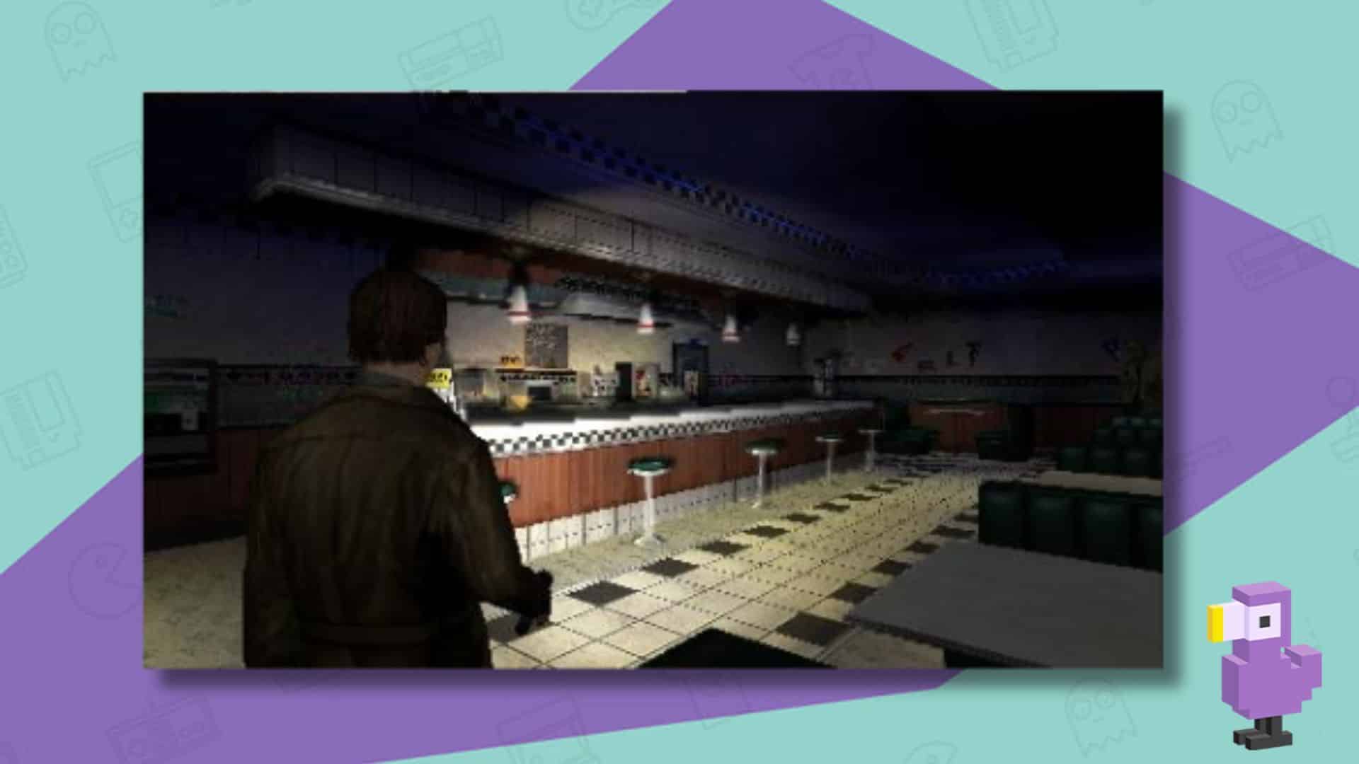 SILENT HILL SHATTERED MEMORIES SCREENSHOT MAN INVESTIGATES DARK DINER WITH A TORCH