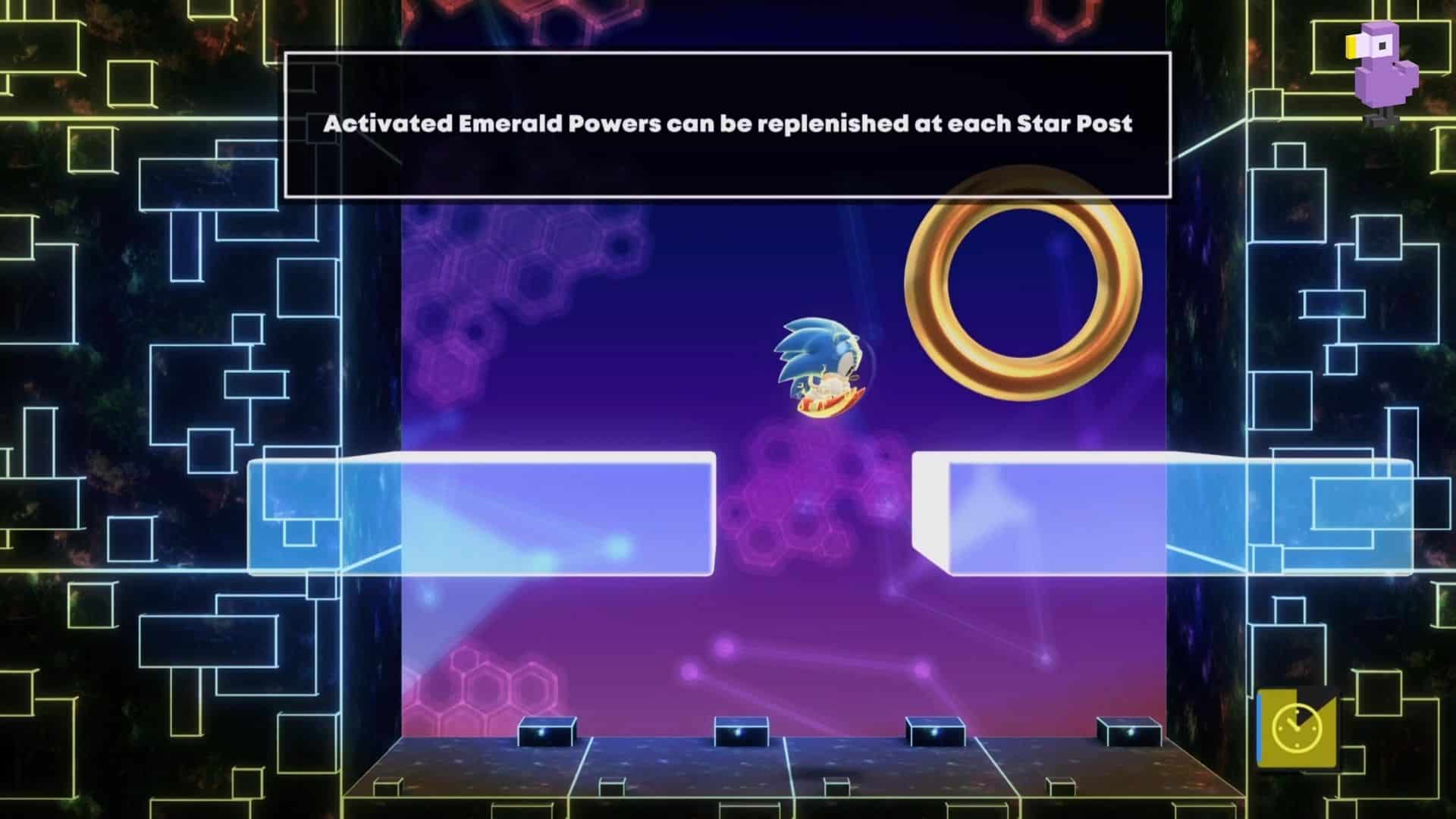 SONIC USES THE SLOW EMERALD POWER TO JUMP THROUGH A DIFFICULT GAP IN SONIC SUPERSTARS