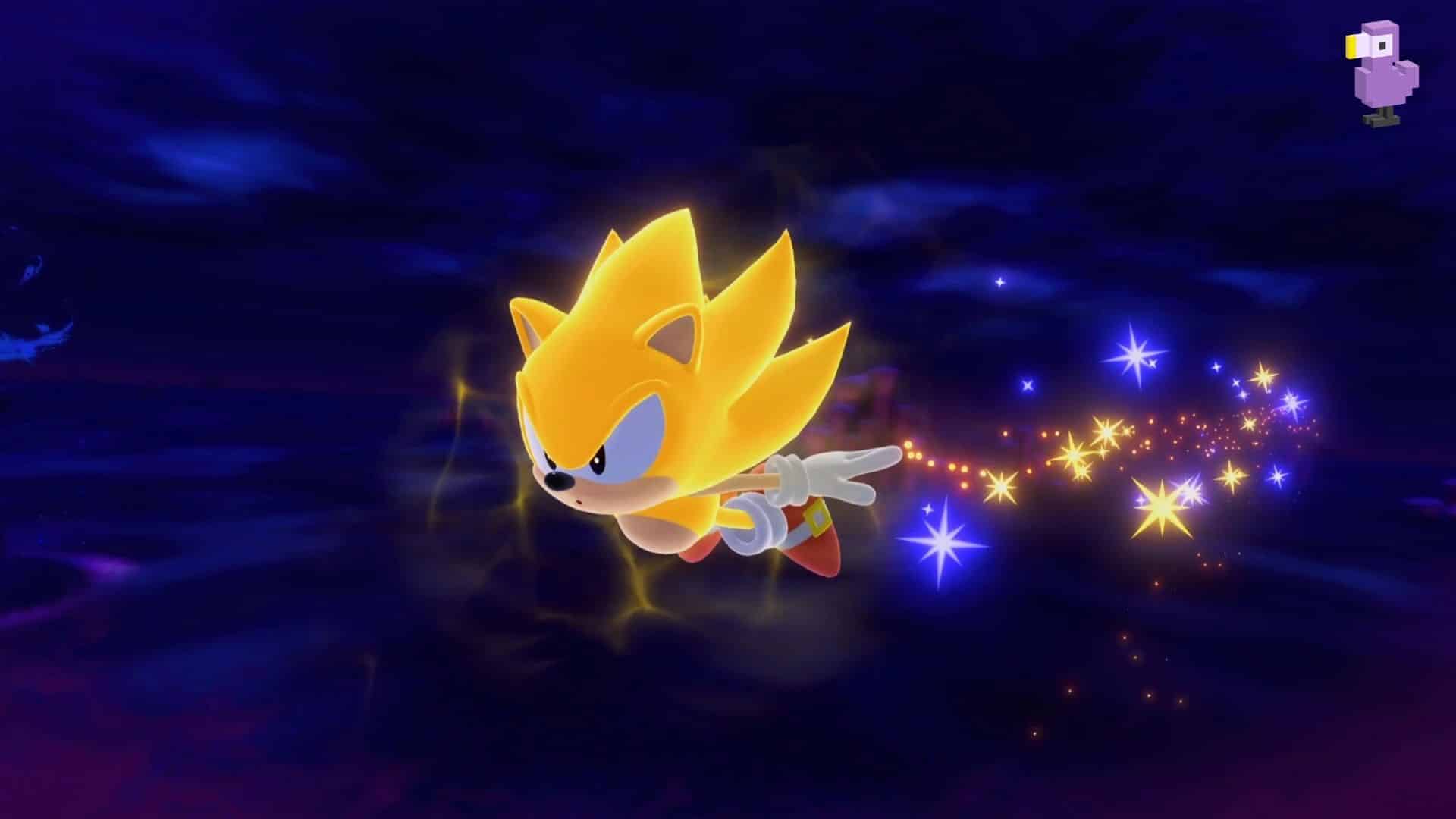 SUPER SONIC FLIES ACROSS THE DARKENED SKY IN SONIC SUPERSTARS
