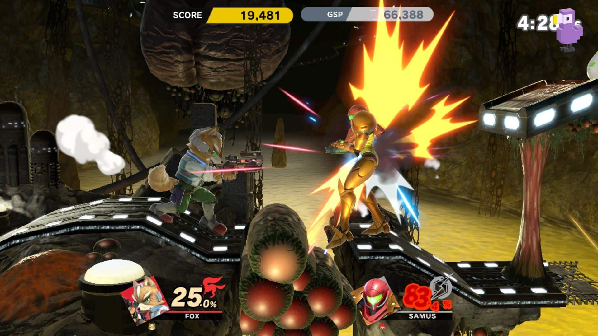 FOX SHOOTS A LASER BEAM AT SAMUS