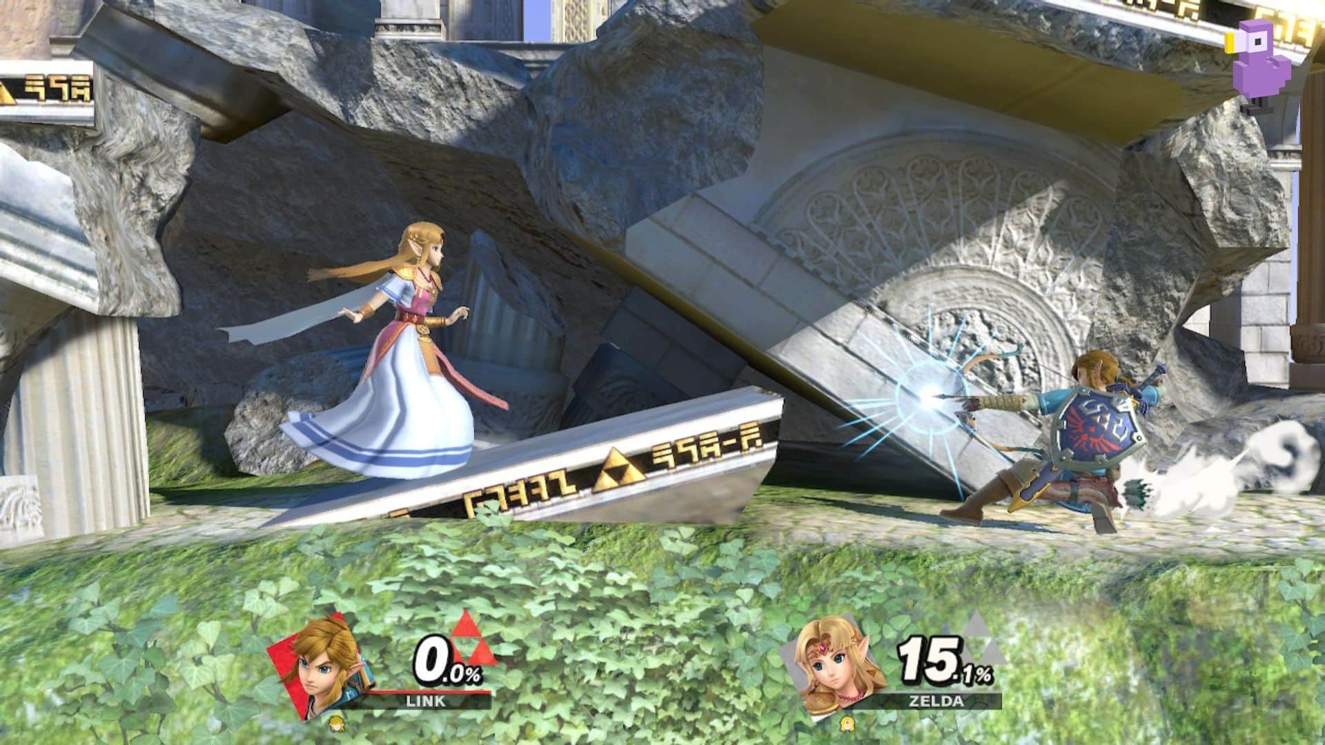 LINK AIMS HIS BOW AND ARROW AT ZELDA AMONGST SOME TEMPLE RUINS