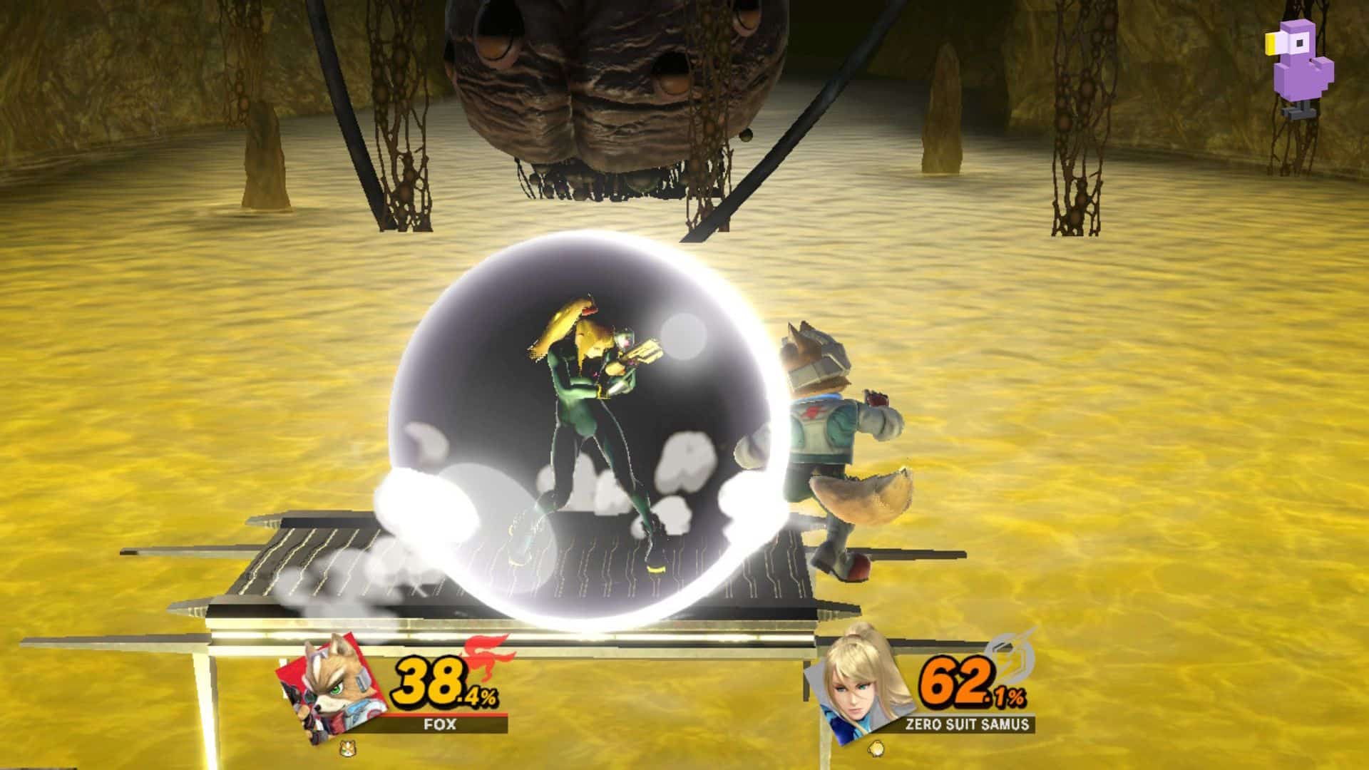 ZERO SUIT SAMUS USES A SHIELD AGAINST FOX