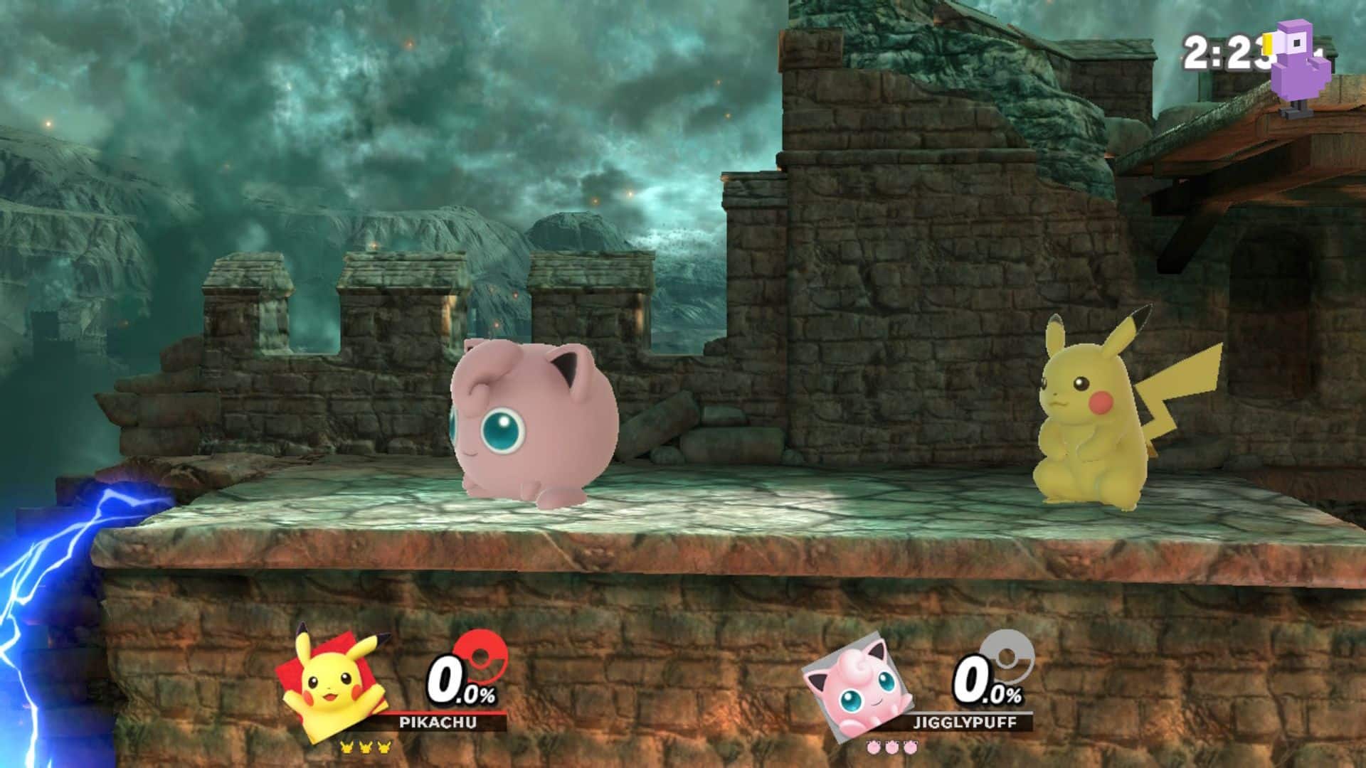 JIGGLYPUFF AND PIKACHU ON A STONE WALL