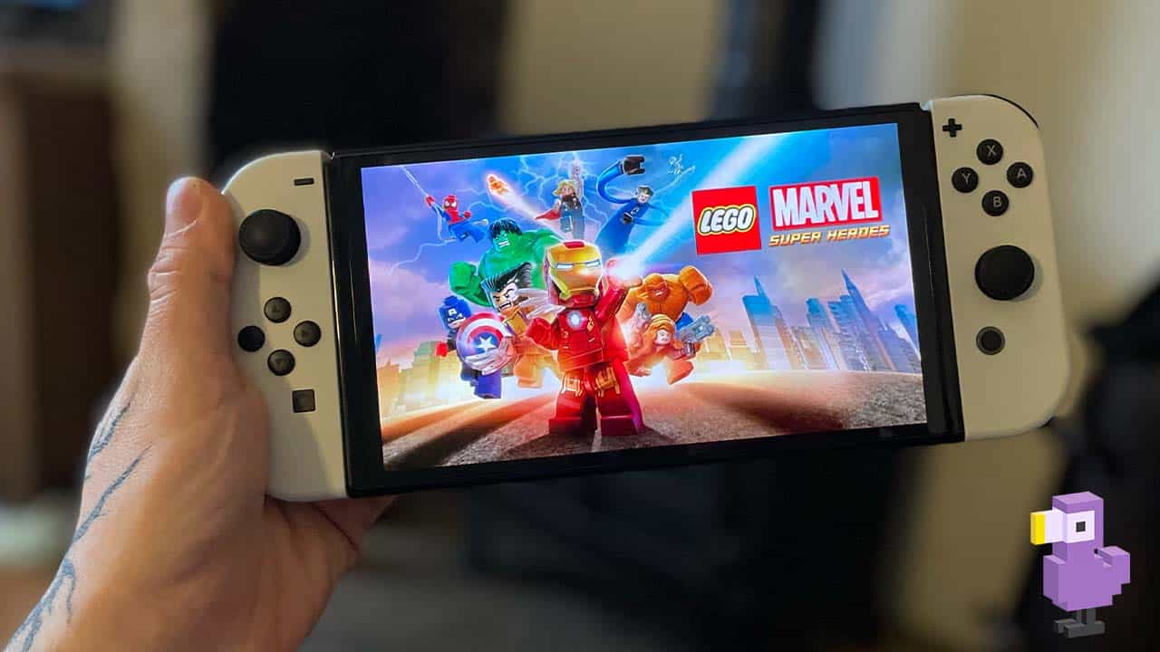 Lego Marvel Super Heroes on Seb's Nintendo Switch OLED with white Joycons