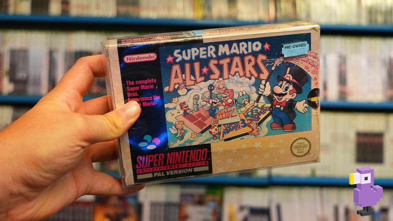 Super Mario All-Stars game box held by Brandon