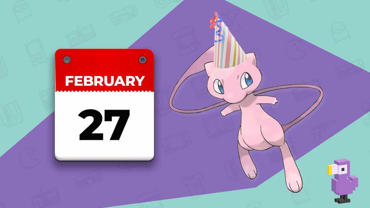Mew wearing a party hat next to a calendar.