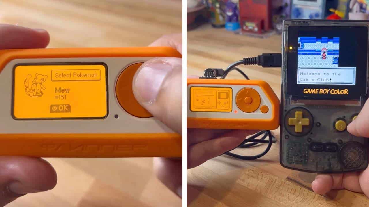(left) Flipper Zero showing Mew selected (right) Flipper Zero hooked up to a Gameboy using Bored Modder's Game Boy adapter