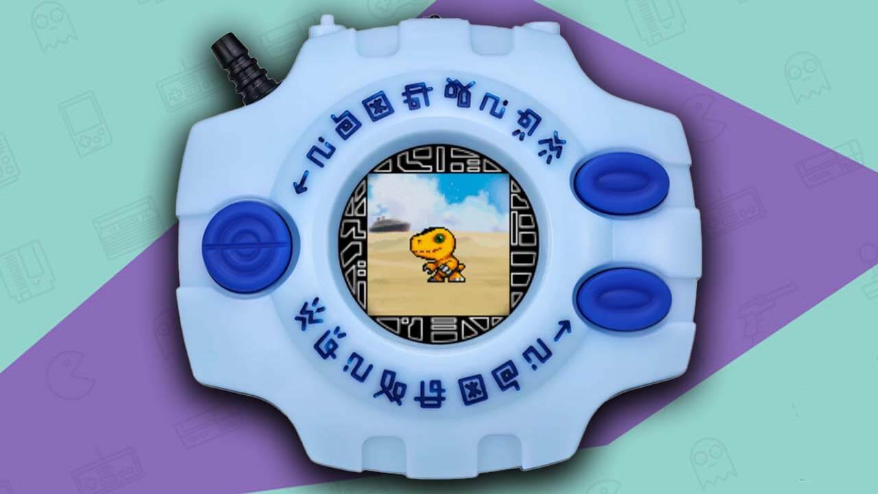 Blue base model Digivice with colour screen showing Agumon on a beach.