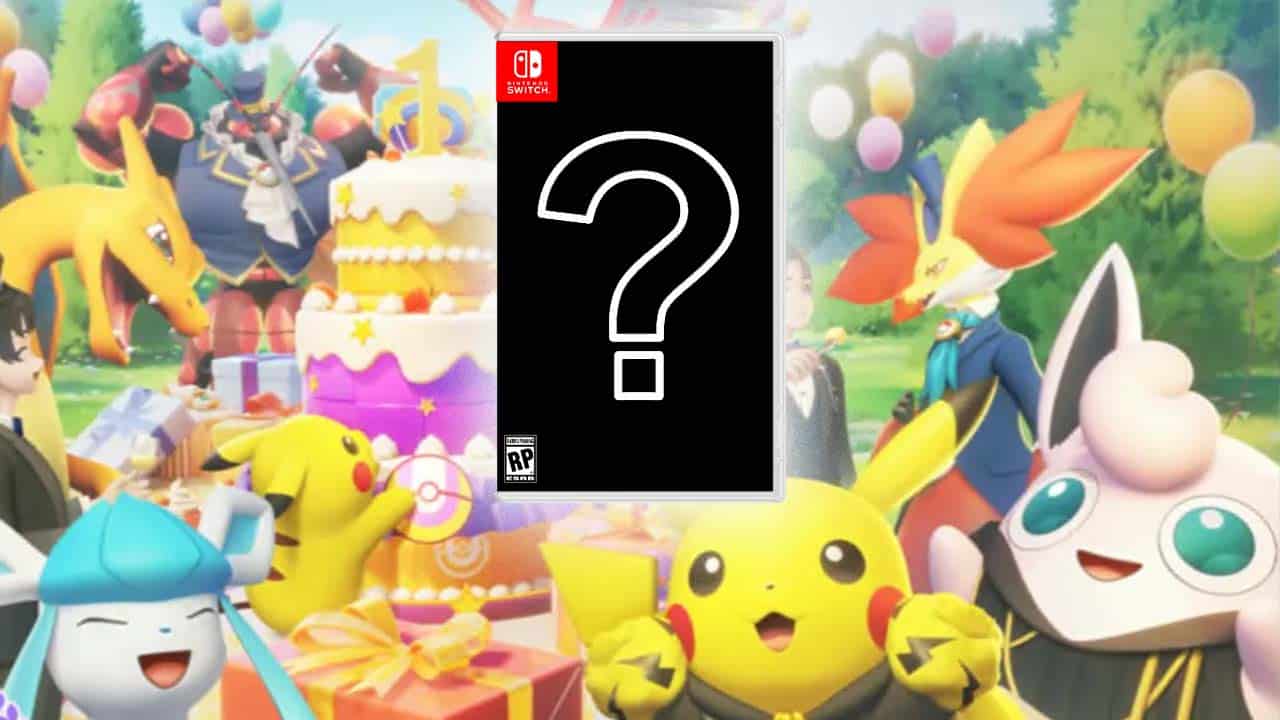 Pokemon celebrating with a mysterious Nintendo Switch case in the sky.