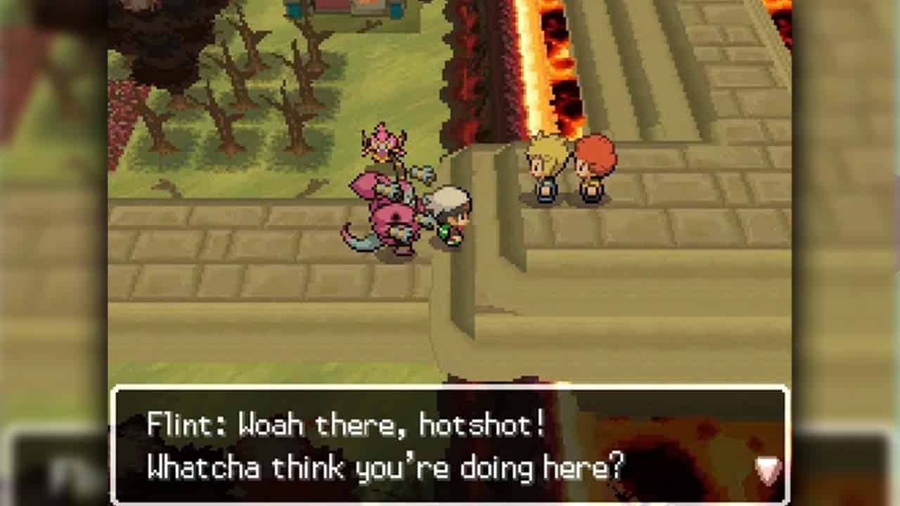 Gameplay from Pokemon Mythic Silver showing Flint chatting