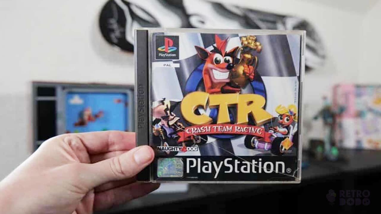 Crash Team Racing game case for the PS1 held by Rob