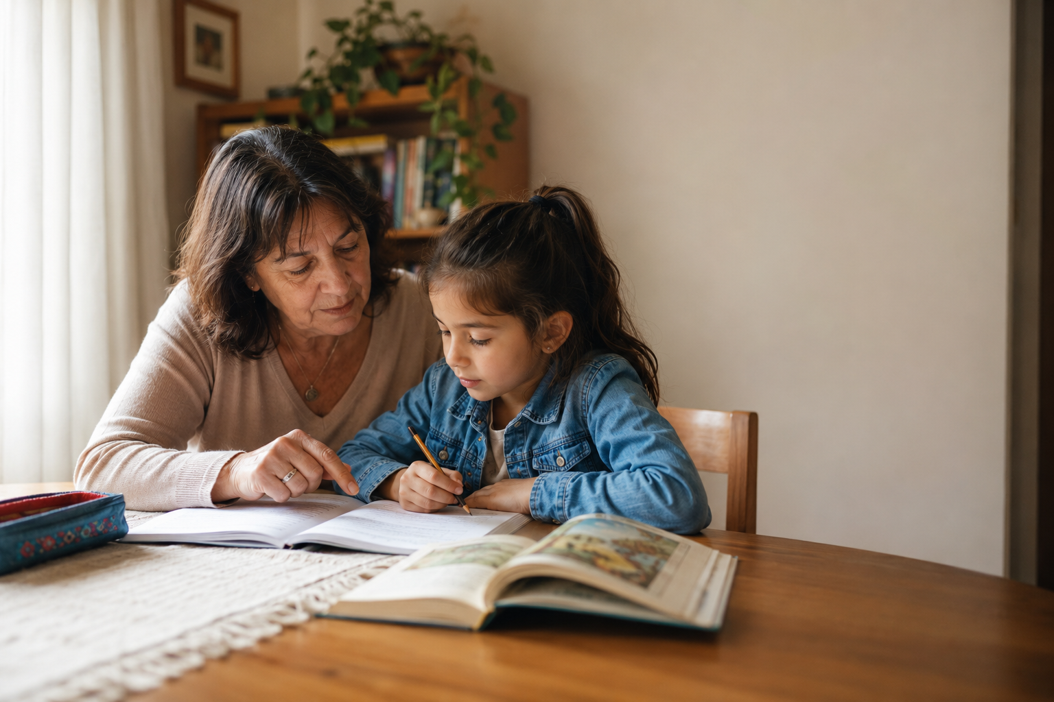 Abuela ayudando a su nieta con una tarea escolar, como símbolo de planificación para su futura educación universitaria