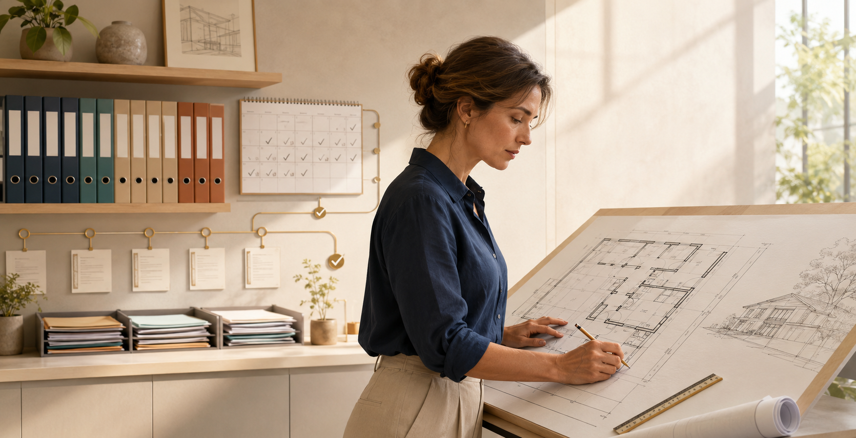 Arquitecta trabajando tranquila frente a un plano mientras su administración contable se mantiene organizada y al día.