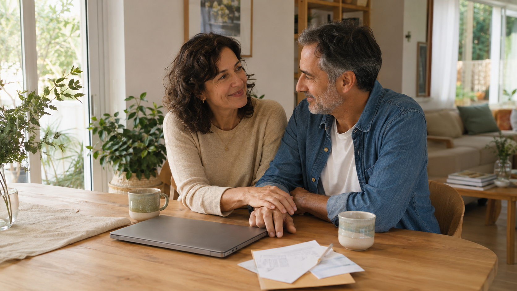 Pareja adulta conversando en su hogar sobre decisiones económicas y protección financiera compartida.