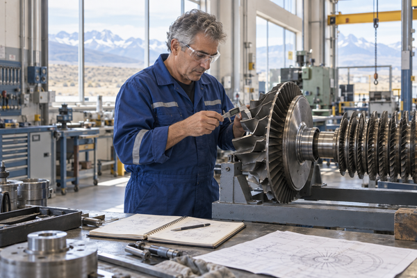 Técnico especializado inspecciona una turbina industrial en un taller luminoso, junto a planos y un cuaderno de anotaciones.