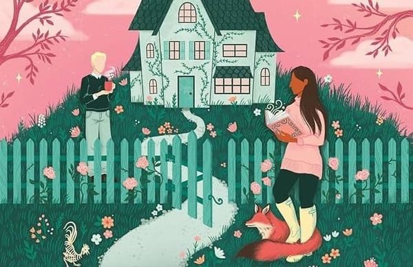 The cover of Sangu Mandanna's A Witch's Guide to Magical Innkeeping, with the two main characters standing in front of a green, ivy-colored house next to a green picket fence.