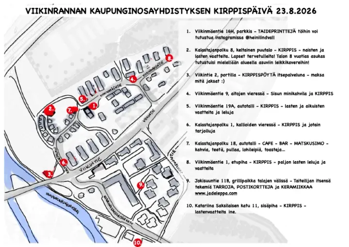 Viikinrannan kirppispäivä sunnuntaina 23.8 – kartta päivitetty