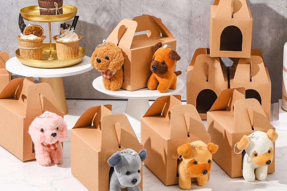 24 Pcs Dog Party Favors Include 12 Mini Plush Dogs Stuffed Puppy and 12 Foldable Kraft Puppy Boxes for Adopt A Puppy Party Favors Adopt A Pet Kids Dog Party Supplies Gifts