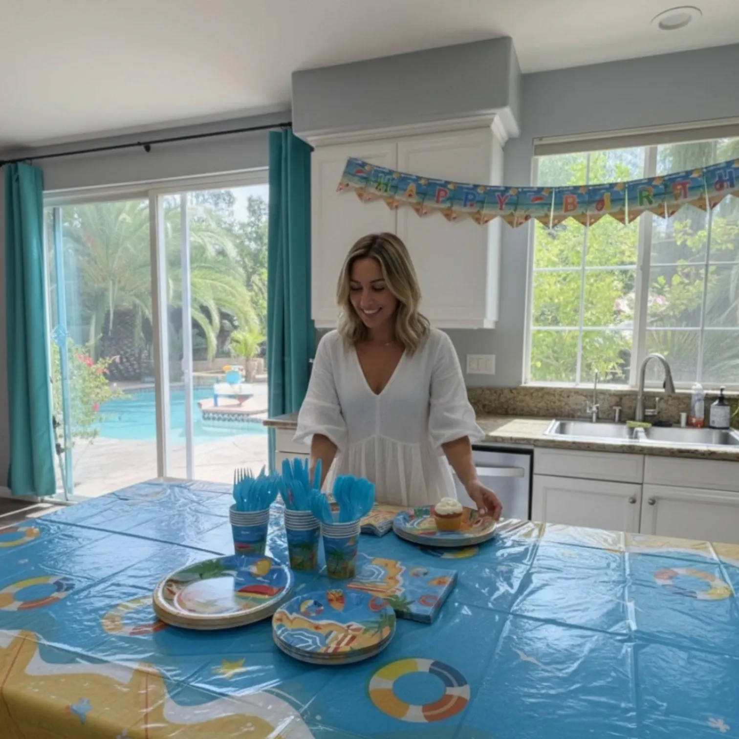 Happy Birthday banner hung up with pool in background