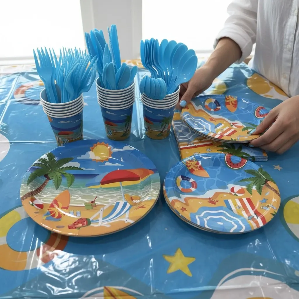 close-up of plates, cups, and napkins showing the beach design
