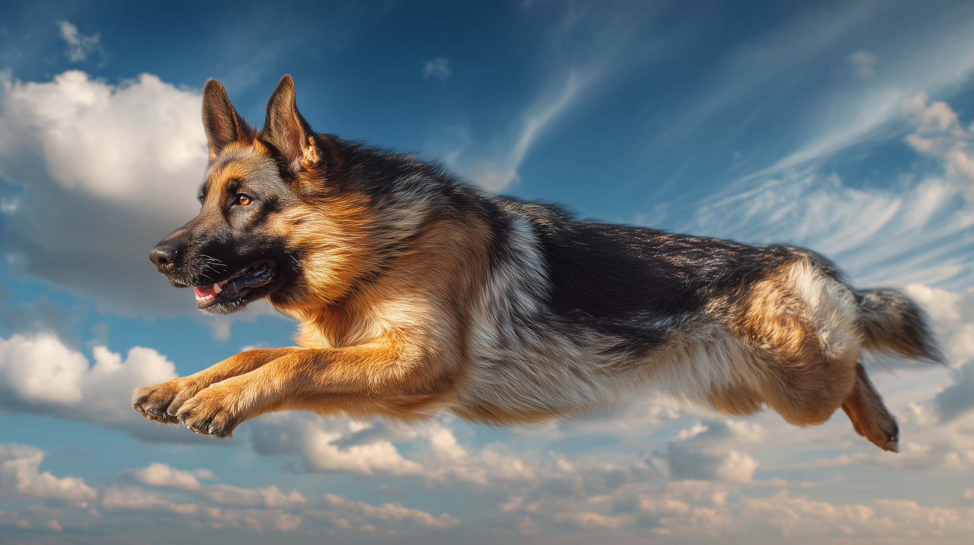 A German Shepherd flying through the sky with the greatest of ease.