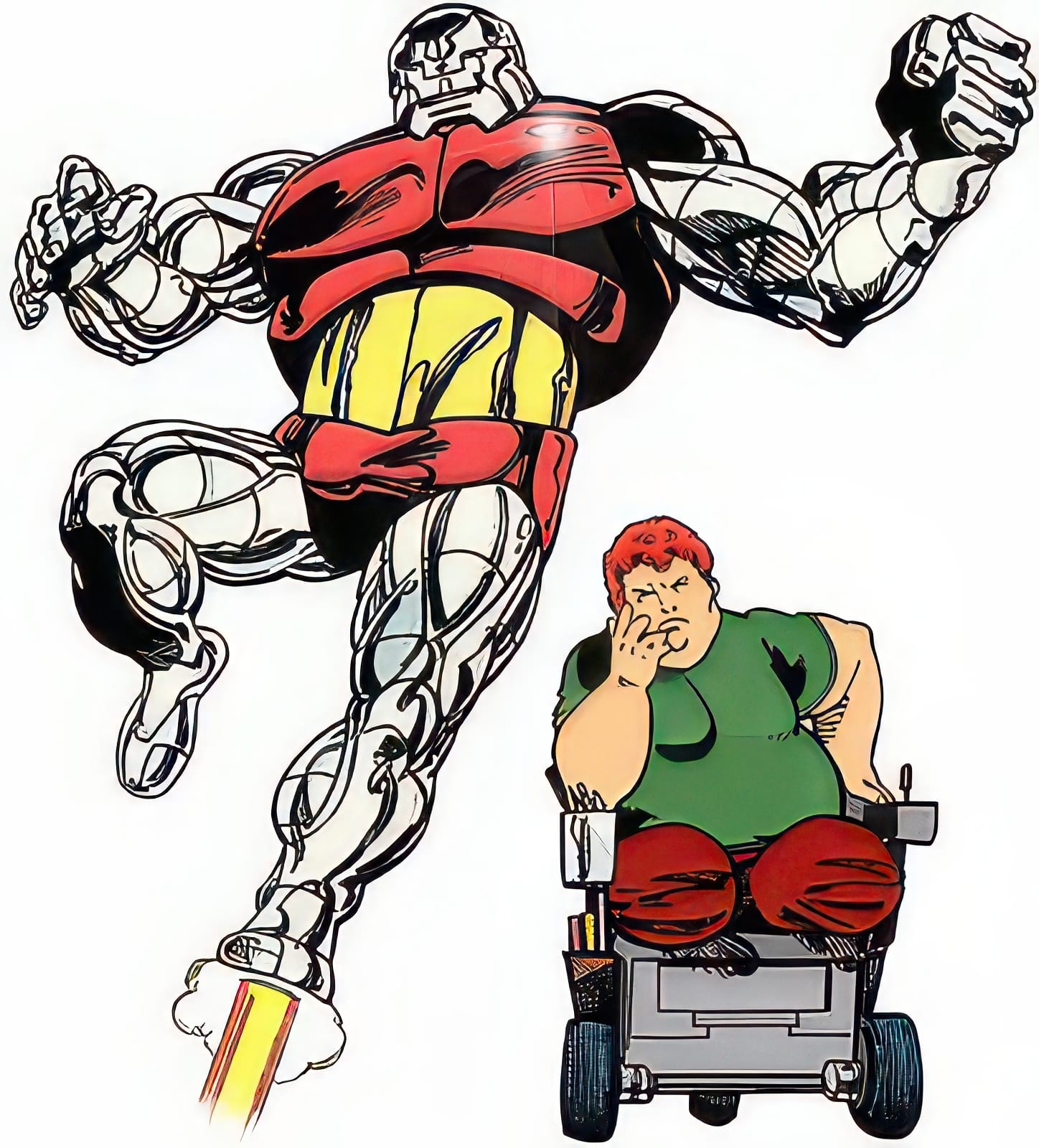 The massive red and silver Box robot flies above Roger Bochs, a heavyset red-haired man with amputated legs seated in a motorized wheelchair.