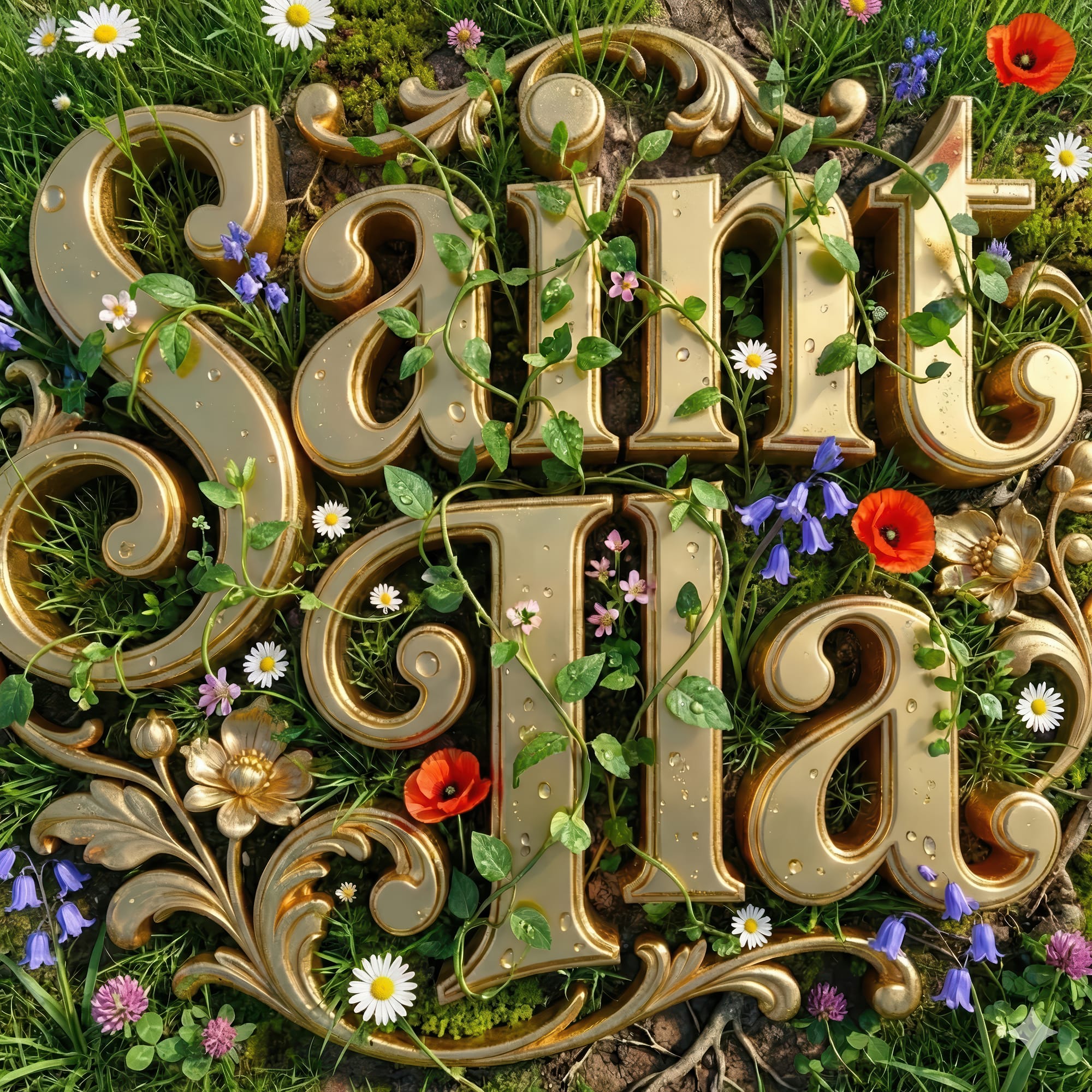 Ornate gold 3D lettering spelling Saint Ila nestled in wild grass with poppies, bluebells, and daisies. Raindrops cling to the letters.