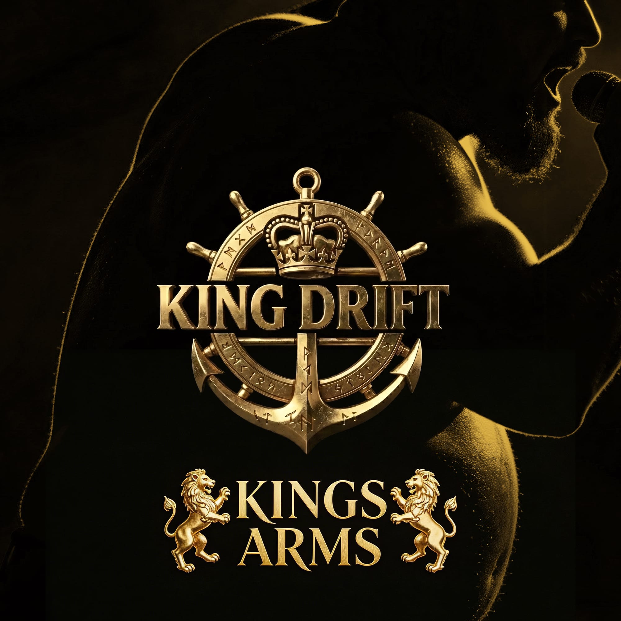 Gold anchor-and-wheel crest with crown over a shadowed male figure. Gold text: King Drift, Kings Arms. Heraldic lions flank the title.