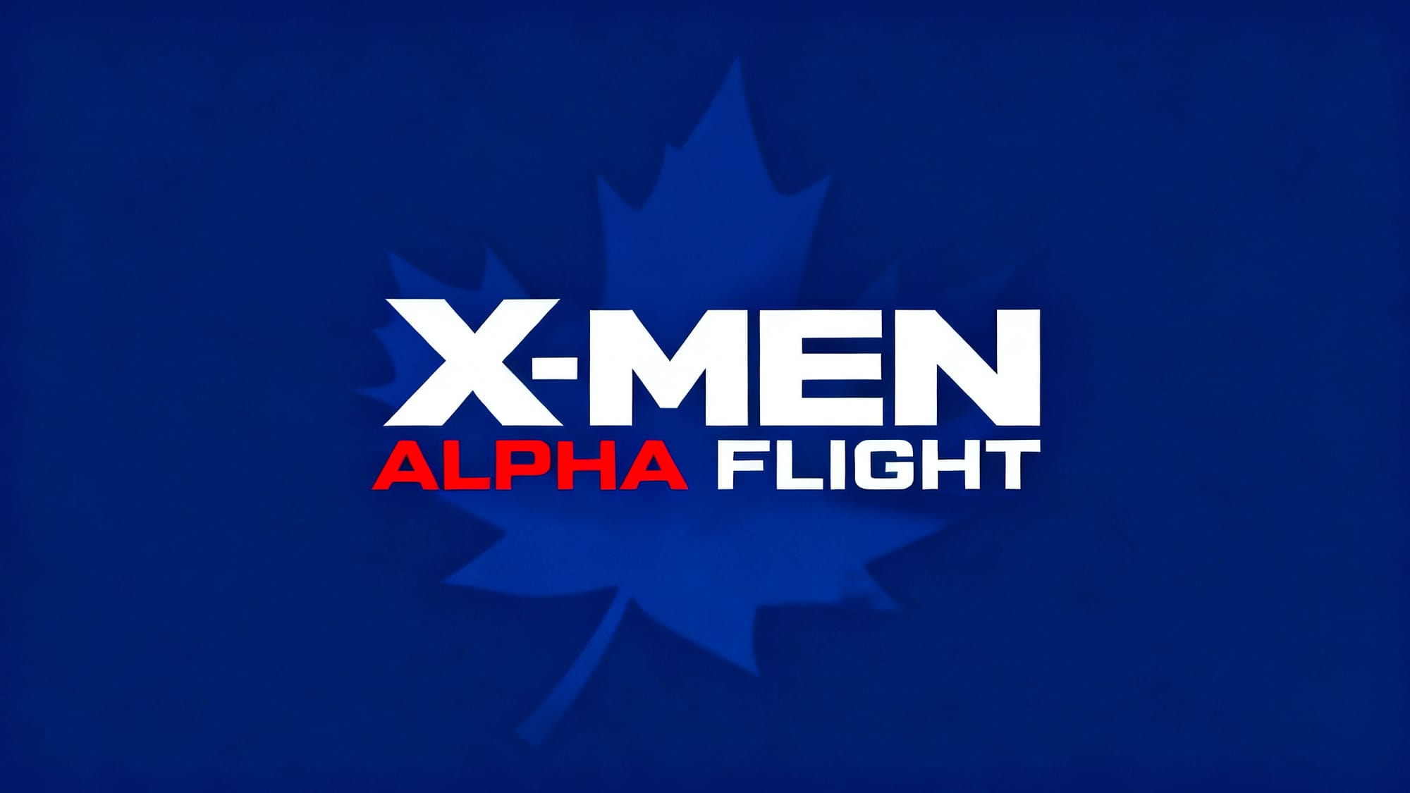 Bold white and red "X-Men Alpha Flight" text centered on a blue background with a faint Canadian maple leaf watermark.