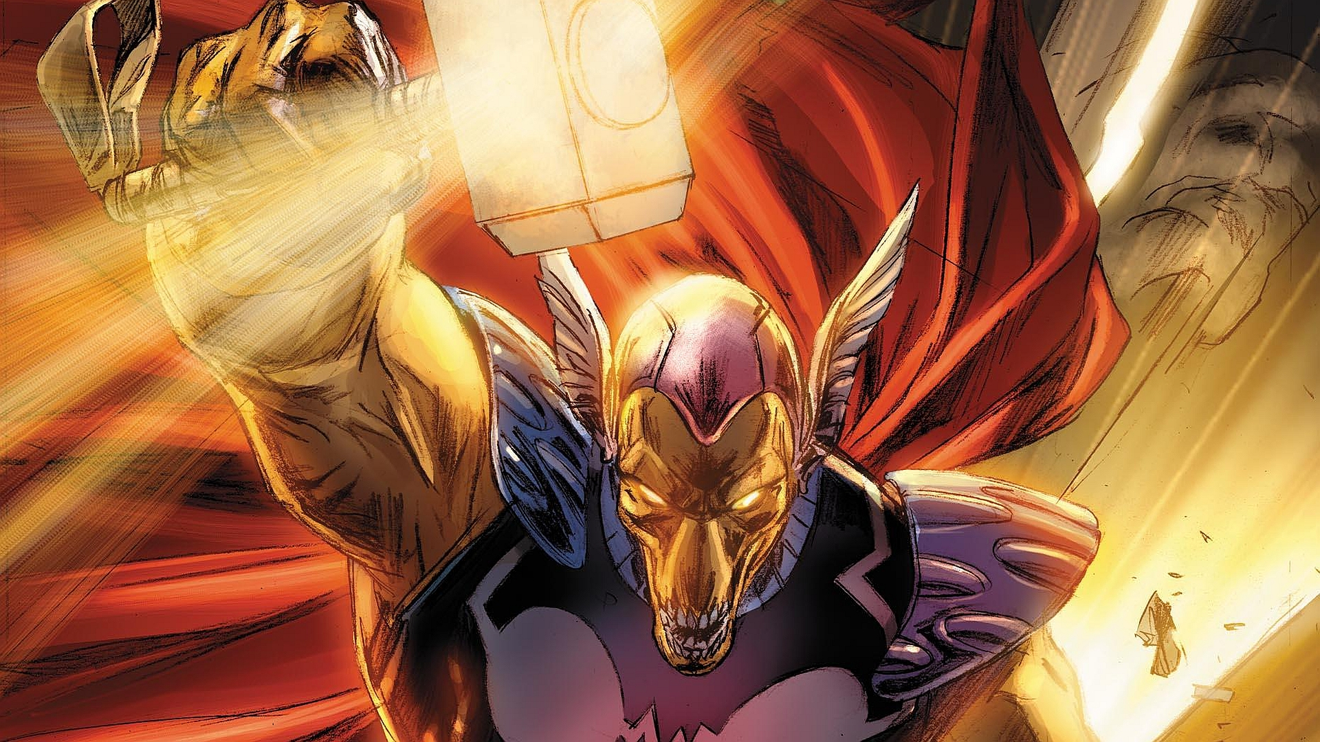 Horse-faced alien warrior in golden armor and red cape charges forward, swinging the hammer Mjolnir with explosive energy trails.