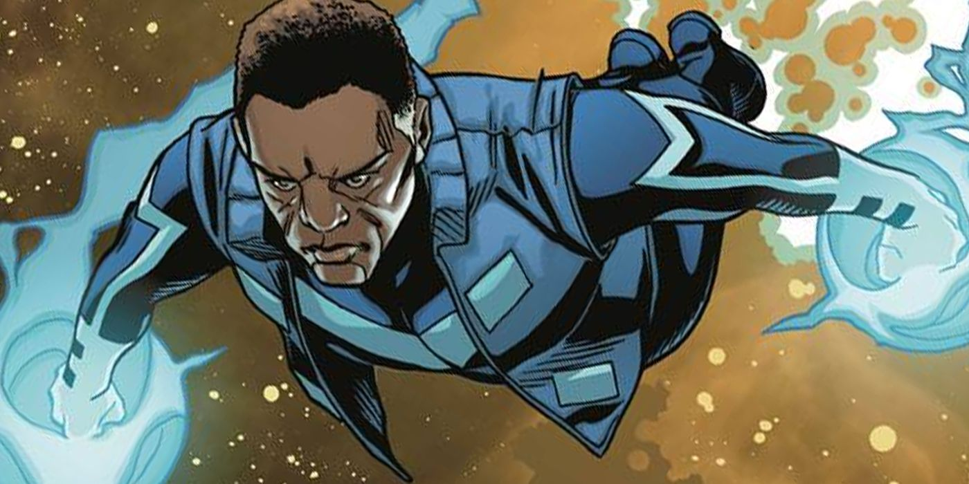 A Black superhero in a blue costume flies forward with blue energy crackling from both fists against a golden cosmic background.