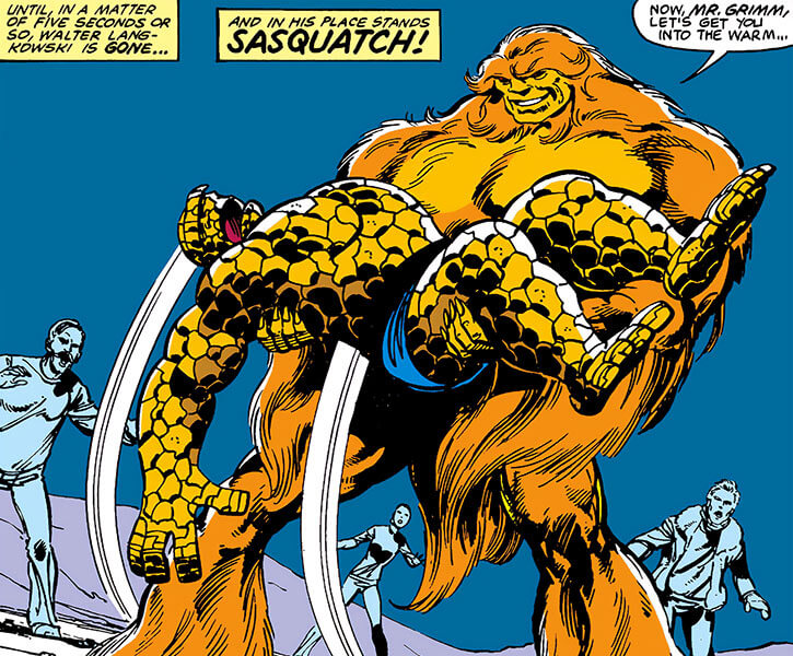 A massive orange-furred Sasquatch cradles The Thing in his arms as bystanders look on. Speech bubbles narrate Walt Langkowski's transformation.