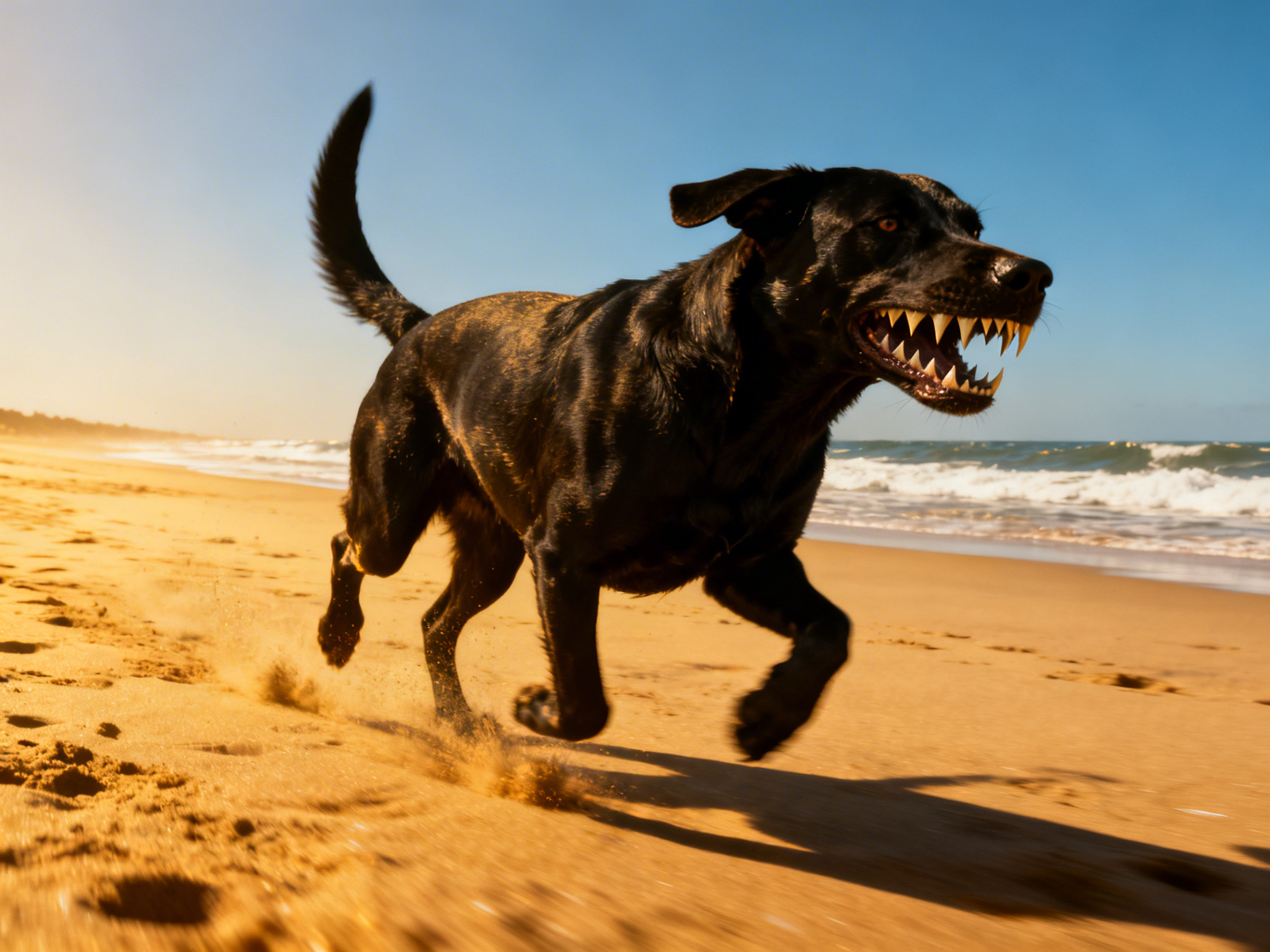 A black Labrador retriever with sharks teeth running on the beach