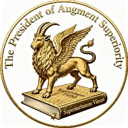 AI-generated gold presidential seal reading "The President of Augment Superiority" with a winged chimera atop a book inscribed "Superioritatem Vincet, 1990."