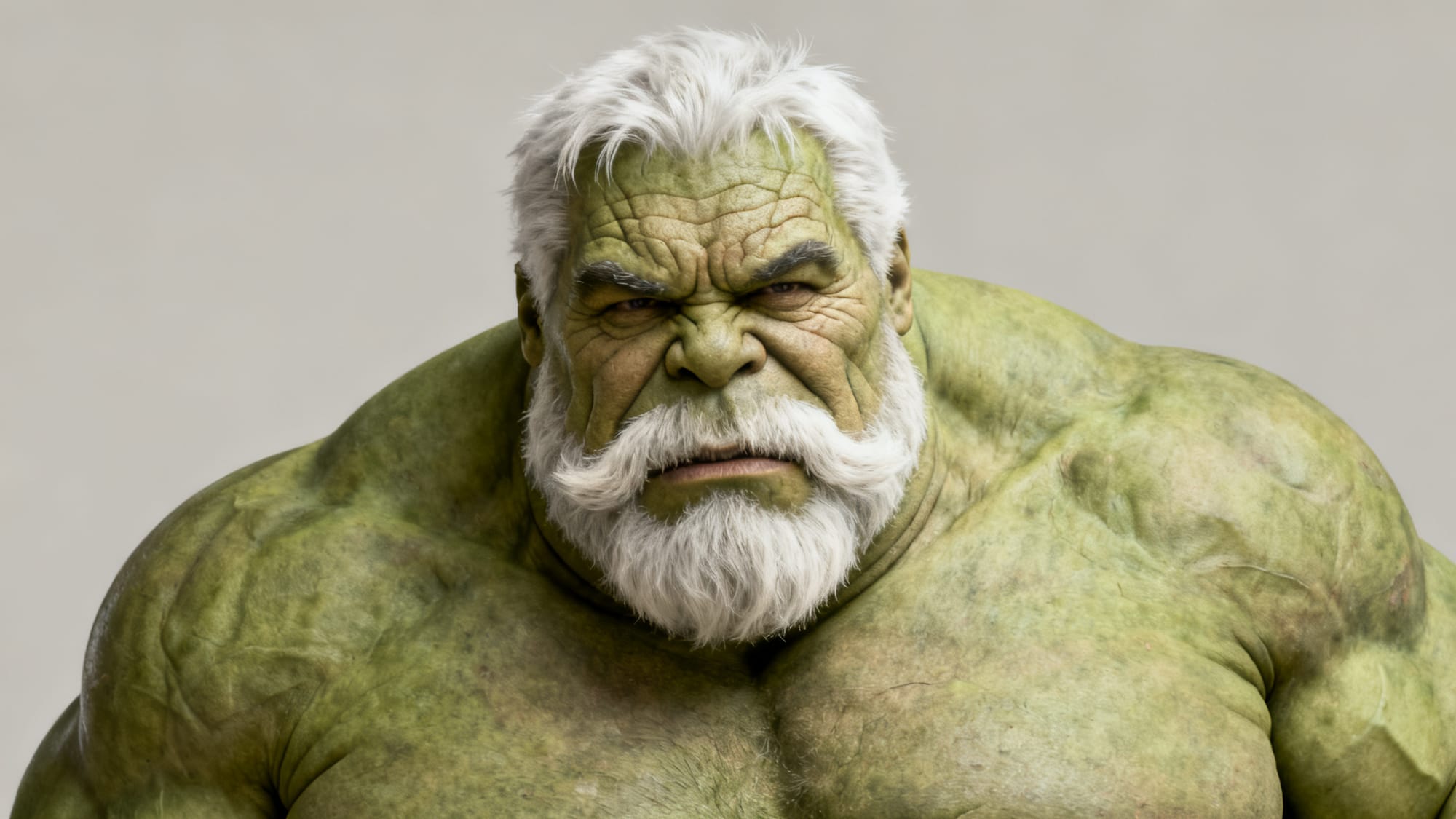 Close-up of an aged, green-skinned Hulk with white hair and a full white beard, scowling menacingly against a neutral background.