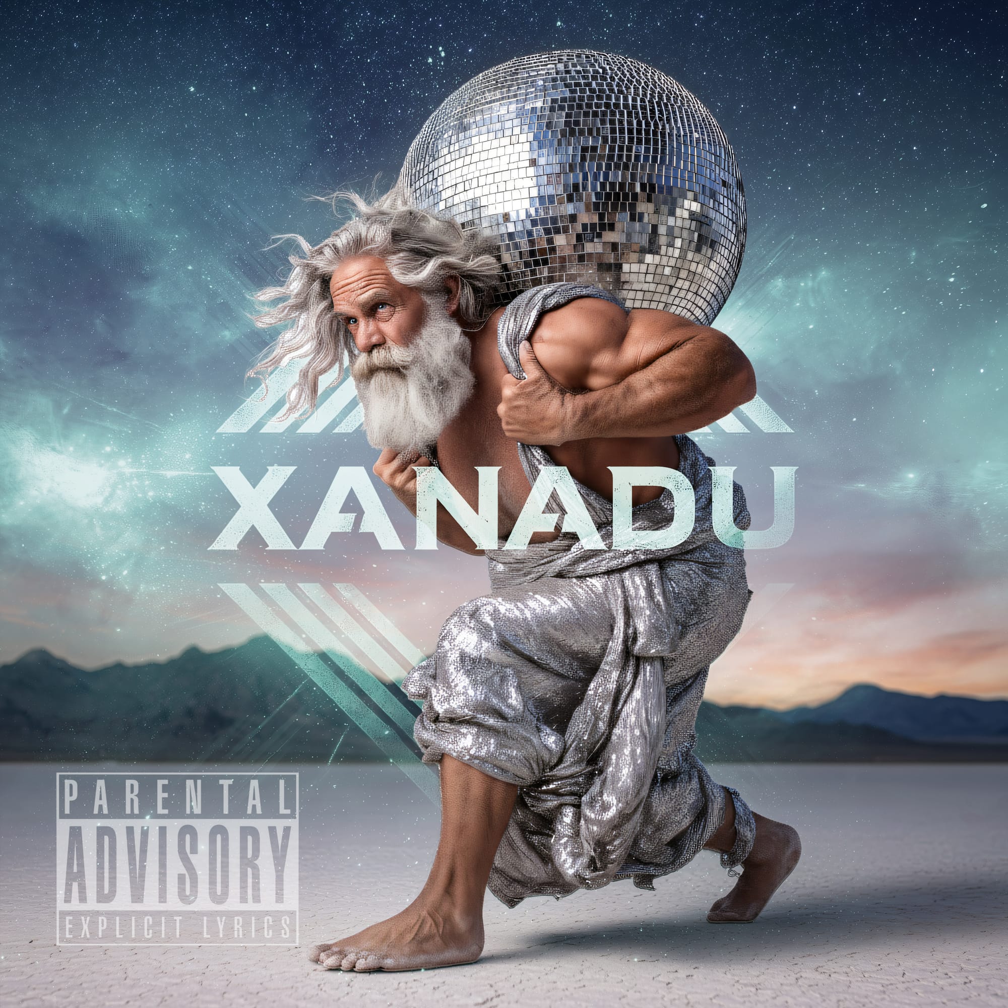 Muscular silver-haired man in sequined pants hoists a disco ball like Atlas across a starry desert. Text: Xanadu. Parental Advisory label.