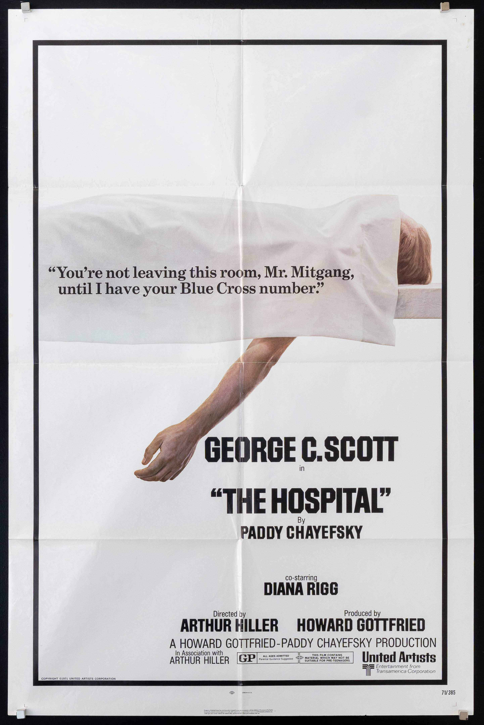Vintage 1971 poster for The Hospital. A sheeted body on a gurney, one arm dangling off the edge. George C. Scott, Diana Rigg.