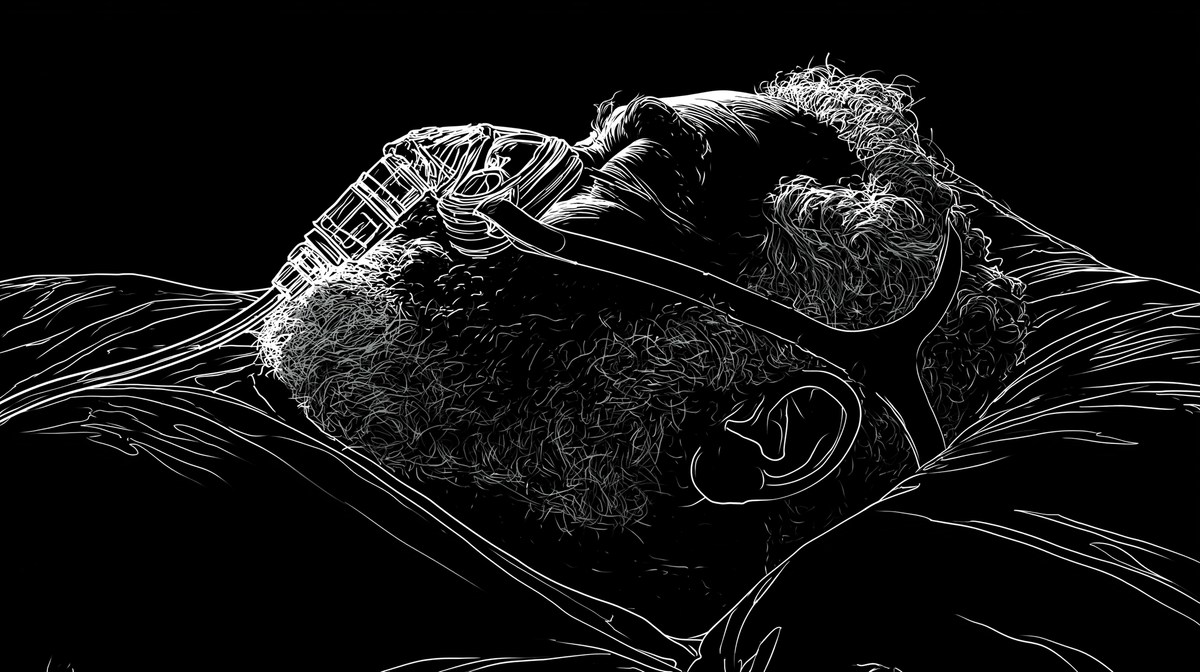 White on black line drawing of a bearded middle-aged man sleeping in bed with a CPAP mask on his face.