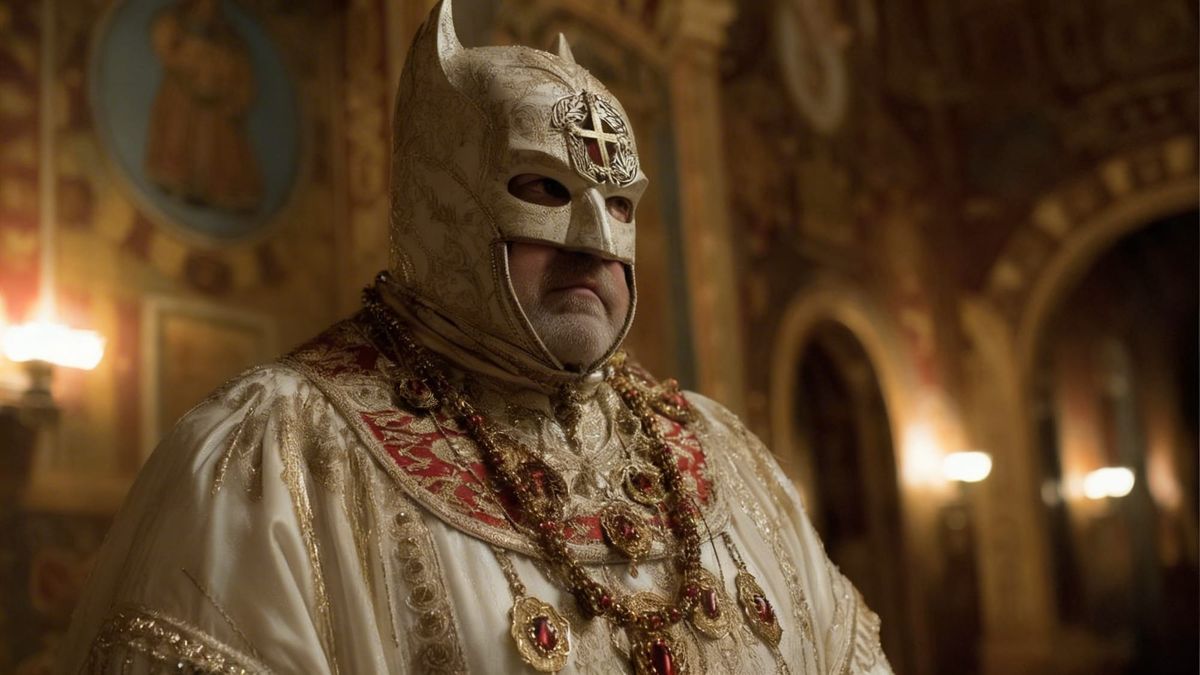 An Image of Pope Batman, which is Batman in a white Batman costume with gold and red accents.