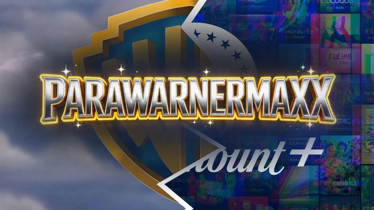 Satirical mashup logo reading PARAWARNERMAXX in gold chrome over a cracked Warner Bros shield with Paramount+ branding underneath