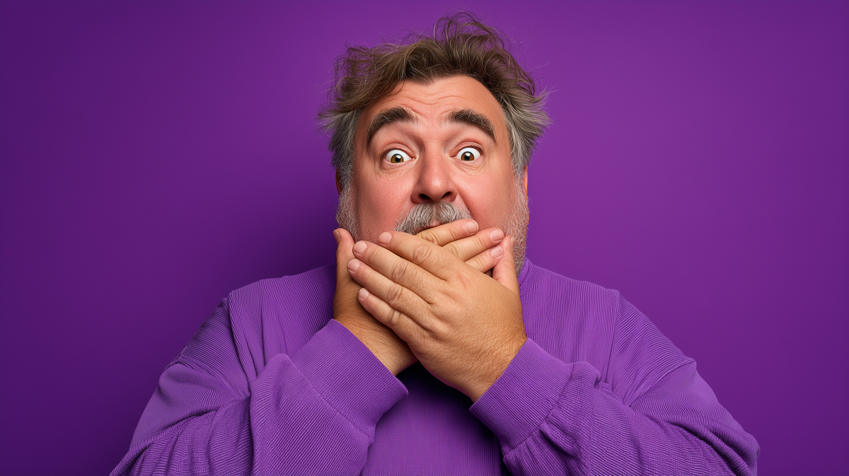  Gemini said A middle-aged man with wide eyes and messy hair covers his mouth in shock. He wears a purple sweater against a matching bright purple background.