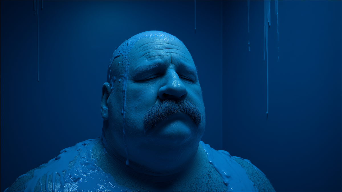A chubby man painted blue in a blue room with blue paint dripping on him representing depression